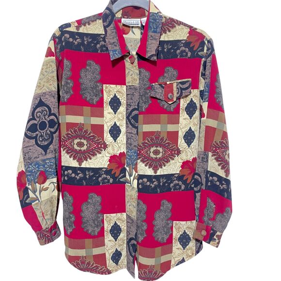 Vintage Red Abstract Silky Button Down Blouse Shirt Small - Picture 5 of 11